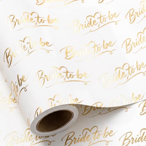 RUSPEPA Wedding Wrapping Paper Roll, Mini Roll, Gold Foil Bride to Be Text and Heart Design, Elegant Gift Wrap Paper for Bridal Shower, Bachelorette Party, Wedding Gift, 17 Inches x 16.4 Feet