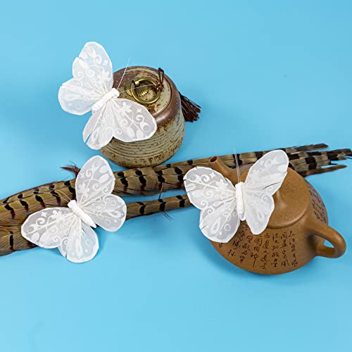YCHTEWY Feather Butterfly Decoration on Picks, Floral Supplies, Set of 12 Pieces, with Wire, White Butterflies - Image 4