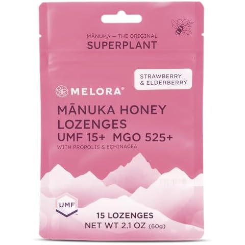 Manuka Honey Lozenges, Strawberry Elderberry Lozenges, for Sore Throat Relief, 15 Honey Cough Drops (2.1 oz) – Dry Mouth Lozenges with Propolis & Echinacea, made with Raw Honey for Immune Support Cover