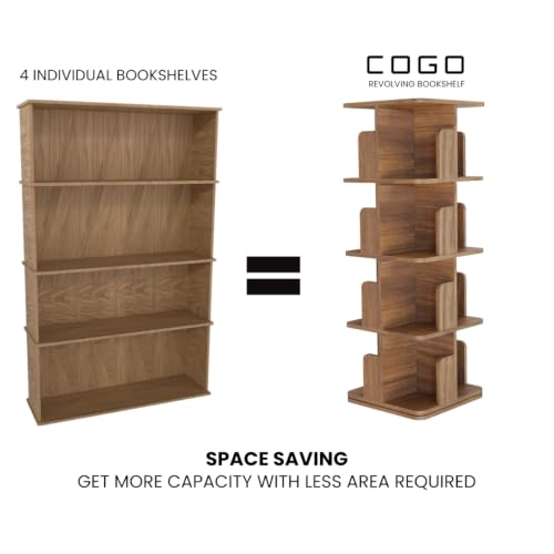 Image of COGO 4 Tier Revolving Bookshelf | 360 Smooth Revolve Mechanism | 52 x 15 x 15 inch | 100 Books Capacity | 17 mm Engineered Wood | Bookcase | Showcase | Do-It-Yourself | Colour: Walnut