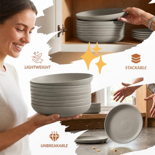 Image of Homienly Deep Dinner Plates Set of 8 Alternative for Plastic Plates Microwave and Dishwasher Safe Wheat Straw Plates for Kitchen, Camping Unbreakable Lightweight Round Plate Set (Grey, 9 inch)