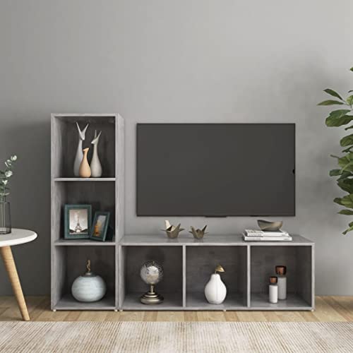 Meubles TV 2 pcs Gris béton en Bois d'ingénierie 107x35x37 cm avec 3 Compartiments Rangement modulable pour Salon séjour Bureau Angle Design Moderne