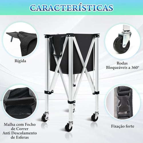 Carrinho de Bola de Tênis Dobrável, Cesta de Bolas de Tenis, Funil de Bola de Tênis Portátil, Carrin