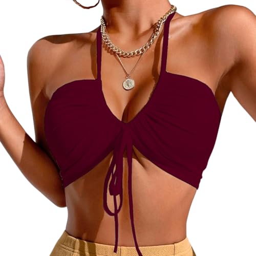 Top Cropped Canelado Feminino Faixa Ajustável Sensual Verao Modelador Tube Amarrações (Vinho, Único