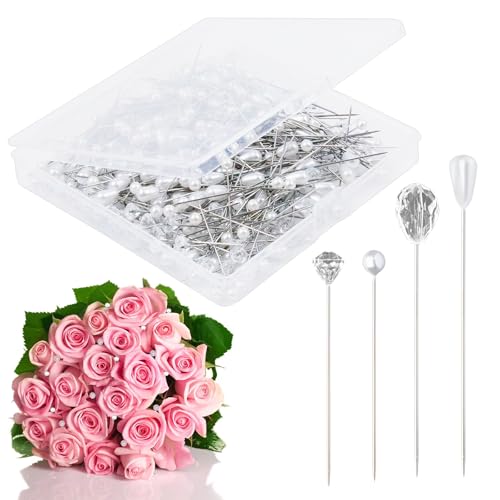 300 PCS Floral Pins for Bouquet 4 Styles Pearl Diamond Boutonniere Pins Craft Wedding Corsage Accessories with 1 Box for Dressmaking Sewing Jewelry Flower