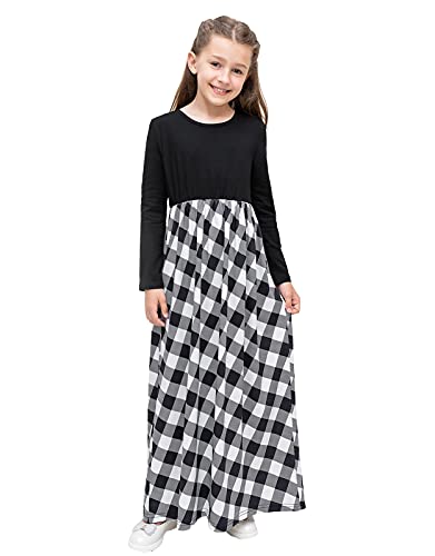 Kymidy Little Big Girls Maxi Dress Kids Buffalo Plaid Long Sleeve Dresses For Girls With Pockets, Black And White,12T #TOP4