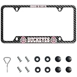 1 Piece Slim Carbon Fiber Style License Plate Frames for Ohio State Buckeyes,Metal, Rust-Proof, Rattle-Free, Front or Rear Thin Car Tag Holder for OSU,2 Hole Design Universal Fit with Screw Caps