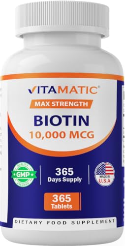 Vitamatic Biotin 10,000 mcg for Stronger Hair, Skin & Nails - 365 Vegan Tablets- Also Called Vitamin B7