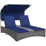 Outsunny PE Rattan Outdoor Double Chaise Lounge with Canopy, Adjustable 5-Position Reclining Daybed with Wood-Plastic Composite Top Middle Table, Dark Blue