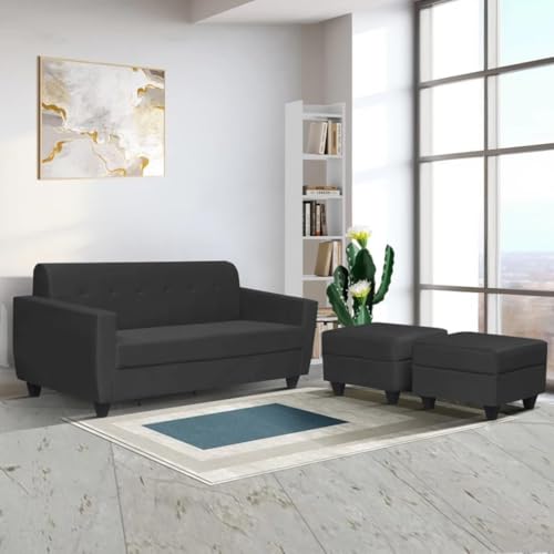 Image of FURNY Aura 3 Seater Fabric Sofa Set with 2 Puffys for Living Room - (Dark Grey)