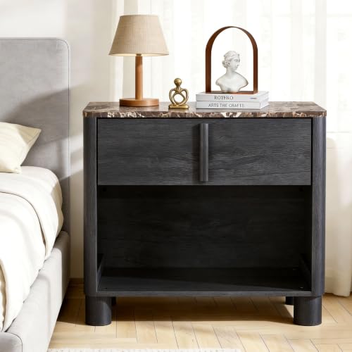 Image of 27 inch Wide Nightstand with Drawer and Open Shelf, Faux Marble & Wood Bedside Table, Modern Curved Side Table with Rounded Body and Cylindrical Legs, Large End Table for Bedroom,Black Grey
