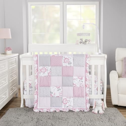 Image of Sammy & Lou Emma 4-Piece Baby Nursery Crib Bedding Set for Girls, Includes Quilt, Fitted Crib Sheet, Crib Skirt, and Plush Toy