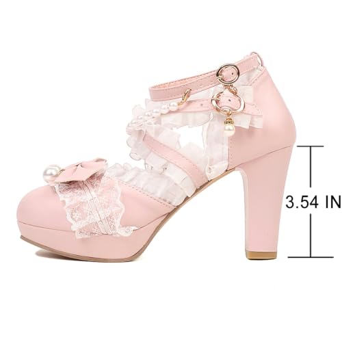 Image of FOREADA Lolita Shoes Platform Mary Jane Heels Kawaii Bow Lace Pearl Pumps | Vintage kawaii lolita styling ideal for dresses, with bead, lace, bow, ankle strap, pink, white and classic black colors