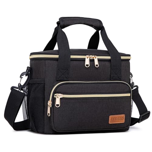 LERASO Insulated Lunch Bag for Adults, Leakproof Thermal Tote with Adjustable Strap, Large Capacity Cooler Bag for Office, Work, Picnic, Hiking & Beach (Black)-Small-9L