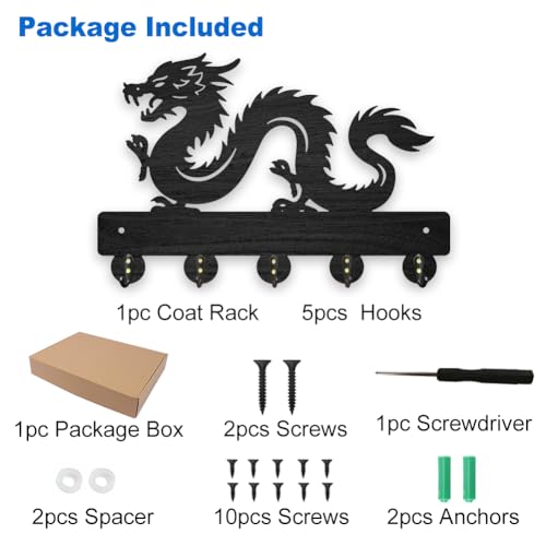 MAYJOYDIY Dragon Wall Key Holder, 30 x 20 cm Wooden Chinese Design, 5 Alloy Hooks - Image 3