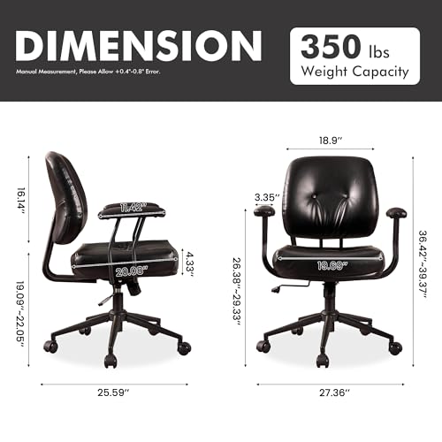 Image of Leather Home Office Chair, Mid Back Ergonomic Desk Chair with Lumbar Support, Mid Century Modern Deep Seat Swivel Rocking Computer Chair, Black
