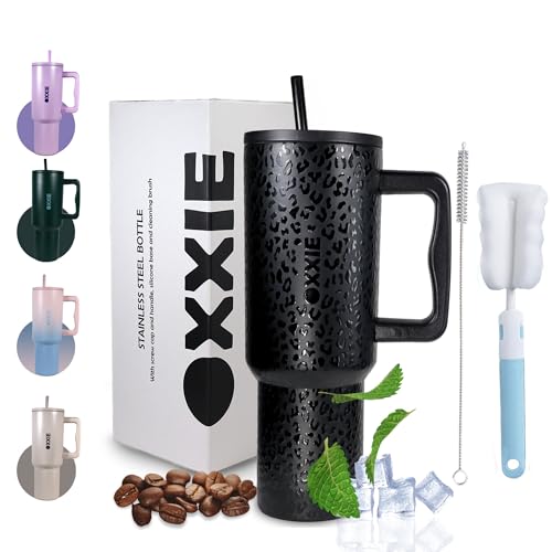 OXXIE Vaso Termo Cafe Para Llevar 1200ml | Botella Agua Acero Inoxidable | Taza Termica con Pajita y Asa | Sin BPA | Isotérmica y Hermetica | Adultos, Deporte, Oficina, Yoga, Viaje (Negro Leopardo)