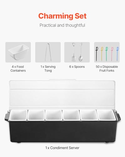 vevor chilled condiment server 6 compartment ice cooled condiment serving container chilled garnish tray bar caddy with lid for bartending amp serving taco salad fruit home amp restaurant supplies