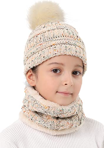 Photo 1 of 2Pcs Kids Pom Winter Beanie Hat and Scarf Set for 2-6 Years Old Boys Girls Kids Thick Warm Knitted Cap Fleece Lined Scarf Set Mix Beige