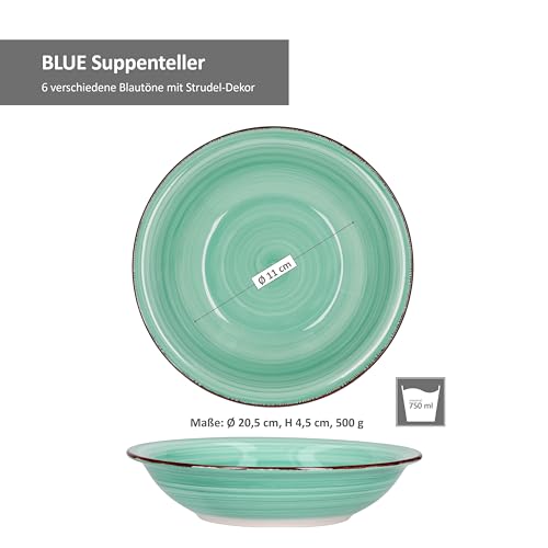 MamboCat Blue 6x Suppen-Teller blau I robustes blaues Steingut-Geschirr für 6 Personen I 6er tiefe Teller-Set mit modernem Strudel-Dekor in tollen Blautönen I blaue Teller tief 6 Stück