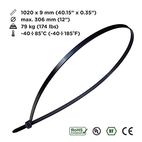 Intervisio Heavy Duty 40 Inch Cable Zip Ties, Strong Extra Large Zip Tie Set, Indoor And Outdoor, Reliable Long Cord Tie Wraps, 0.36 Inch Wide, Industrial Wire Straps, Uv Resistant, Black, 10 Pieces #TOP1