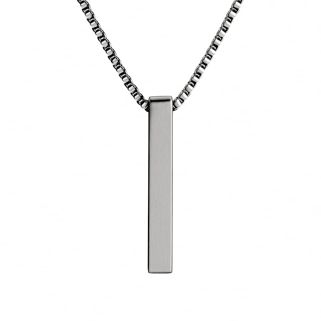 THE ULTRA SLEEK (T) - Pure Titanium Steel Ultra Polished 3D Silver Cuboid Vertical Bar Pendant with 24inch Round Box Chain for Men & Boys