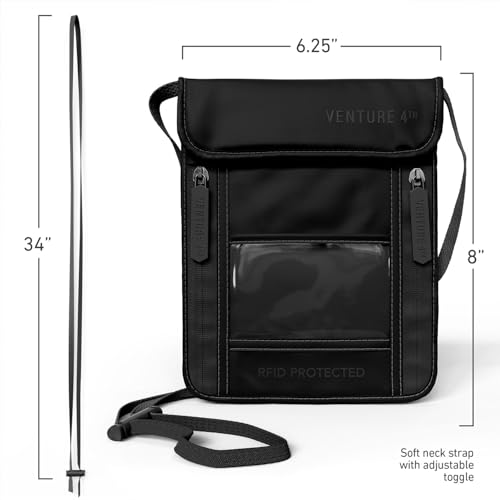 Image of VENTURE 4TH Neck Wallet for Women & Men - RFID Blocking Passport Holder for Travel, Hidden Neck Pouch with 6 Compartments, Slim Lightweight Travel Organizer with Adjustable Strap, Durable Nylon, Sleek