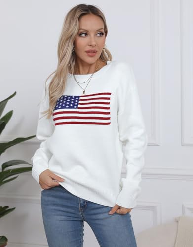Image of Womens American Flag Sweater Crew Neck Casual Pullover Sweater