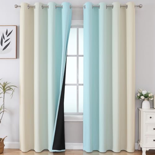 Estelar Textiler Beige and Aqua Ombre Blackout Curtains 90 Inch Length 2 Panels Set, Thermal Insulated Drapes for Bedroom, Full Room Darkening Grommet Gradient Curtains for Living Room,52Wx90L