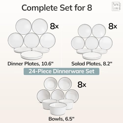 Image of 24 Piece Porcelain Dinnerware Set for 8, Handmade Plates and Bowls Set | Scandinavian Ceramic Dinner Set, Dishwasher & Microwave Safe Dish Set, Chip & Scratch Resistant Dishware Set, Scandi White