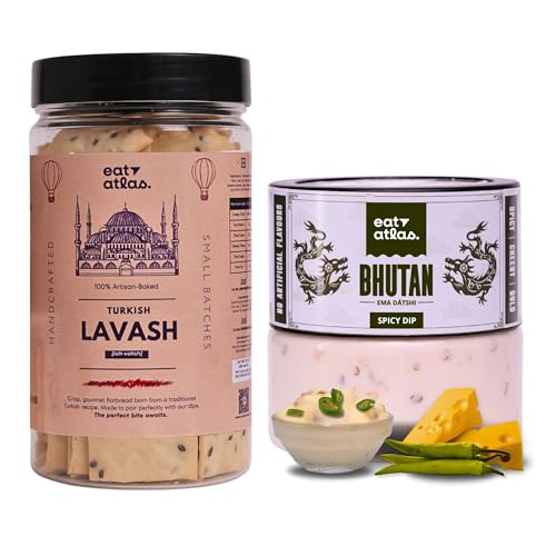 Eat Atlas | Bhutanese Ema Datshi Spicy Cheese Dip (200g) + Baked Lavash Chips (85g) | Ready-to-Eat, Guilt Free Creamy Spread & Cripsy Snack Combo | For Snacks, Platters, Quick Bites & Appetisers