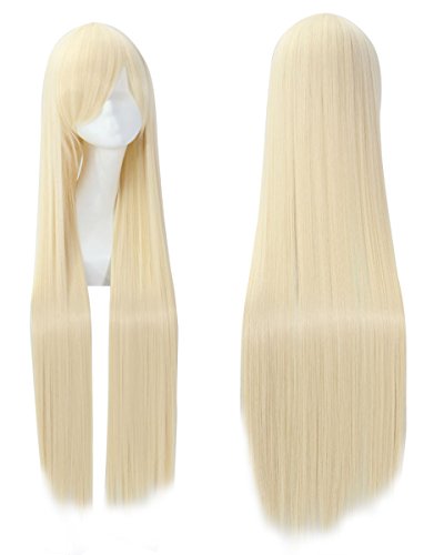 Cfalaicos 100CM 40'' Long Straight Beige Synthetic Hair Wigs Chobits Chii Eruda Anime Cosplay Wigs with Free Cap (Beige)