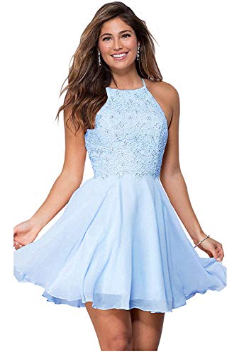 KaBuNi Women's Open Back Beaded Lace Homecoming Dresses Halter Chiffon Short Prom Cocktail Dress Light Blue-4
