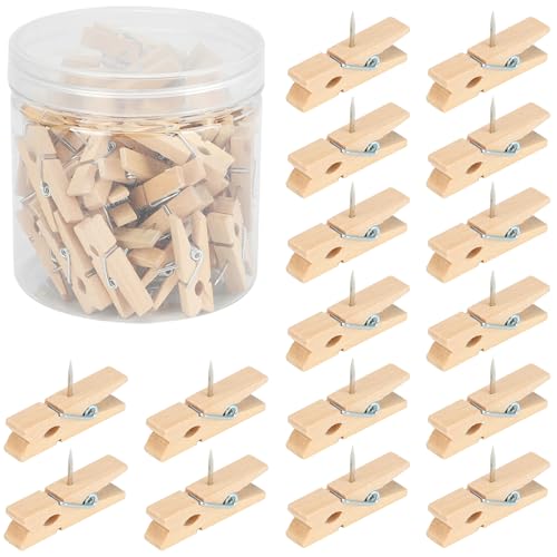 Senkary 60 Pieces Push Pins with Wooden Clips, Natural Wood Clothespin Pushpins Cute Decorative Thumb Tacks for Cork Board, Bulletin Board, Photos, Crafts, Classroom Office
