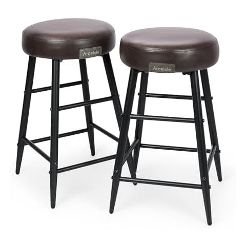 Arceisle Bar Stools Set of 2, Kitchen Counter Stools, Retro Leather Bar Stools, Counter Height Bar Stools with Metal Legs, 24" Bar Stools for Kitchen Island, Easy Assembly, Brown Cover
