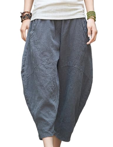 Women's Linen Cotton Casual Lantern Tapered Harem Pants Loose Fit Trousers Summer Baggy Slacks with Pockets