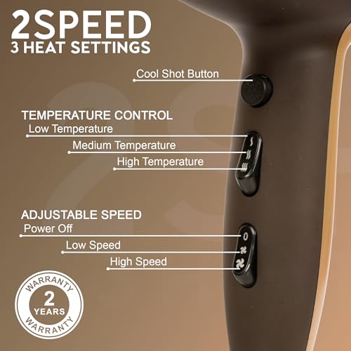 Image of Hair Dryer for Women | Fast Drying, Low Heat Damage, Smooth & Frizz-Free Hair | 1800-2000W Professional Blow Dryer with Cool Shot | Gustto Elevate (Gold & Matte Black), BIS Certified