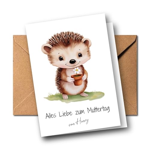 Personalisierte Muttertagskarte für Mama mit Namen – niedliche Klappkarte Igel mit Blume, Geschenk von Kind oder Baby, liebevolle Grußkarte zum Muttertag mit Umschlag A6, Igelmotiv