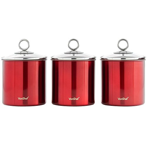 VonShef Set of 3 Tea, Coffee and Sugar Canisters/Kitchen Storage Jars with Glass Lids, Red Stainless Steel, 1.3QT