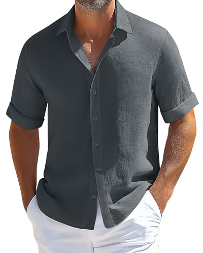 Evervibe Men's Linen Shirts, Summer Short Sleeve Casual Beach Big & Tall Regular Lightweight Button Down Tops Vacation(Dark Gray,4X-Large)