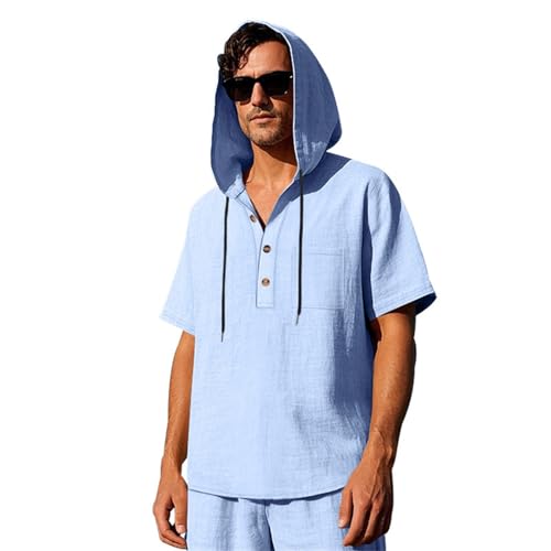 Mens Linen Hooded Shirts Summer Loose Fit Breathable Lightweight Casual Tshirt Outdoor Beach Button Short Sleeve Tops3