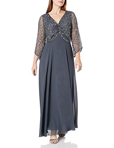 J Kara Women's Plus Size 3/4 Sleeve V-Neck Beaded Top Long Gown, Grey/Gun, 18W