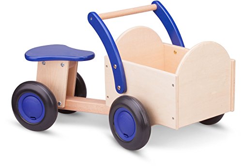 New Classic Toys 11403 Baby Wooden Carrier Bike Ride On Trike Toy, Toddlers First Tricycle for One Year Old, Children Scooter for Age 18 Months with 4 Wheels Blue Color, Naturel