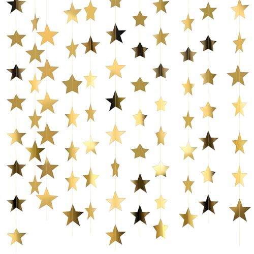 13 Feet Reflective Star Paper Garland, Glitter Star Bunting Banner Hanging Decoration for Twinkle Little Star Party, Birthday, Wedding, Banner Backdrop, Wedding Anniversary Theme Party Supplies - Gold