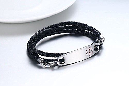 BBX JEWELRY Free Engraving Unisex Stainless Steel Tag with Black Braided Leather Triple Wrap Medical Alert Bracelets - Thumbnail 2