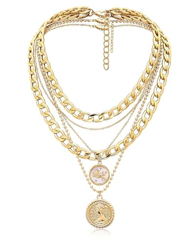 MJartoria Gold Layered Necklaces for Women Trendy Retro Coin Pendant Necklace Dainty Chunky Chain Choker Necklaces for Jewelry Birthday Gifts (Gold Zodiac-Leo-3PCS Layered)