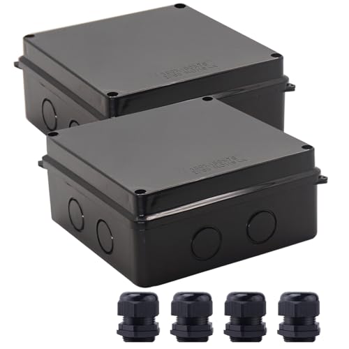 Image of Junction Box, 2Pcs Reserved Holes Electrical Boxes Waterproof IP65 ABS Plastic Electrical Power Cord Enclosure Project Box Black 5.9 x 5.9 x 2.8 inch(150x150x70mm)