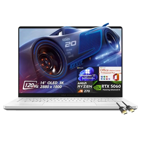 Image of ASUS ROG Zephyrus G14 14 inch OLED 3K 120Hz Gaming Laptop, AMD Ryzen 9 270, RTX5060 8GB, 16GB LPDDR5X RAM 4TB SSD, Wi-Fi7, BacklitKB, Win11Pro Office Lifetime License, White, w /HDMI Cable, W /GaLiMu