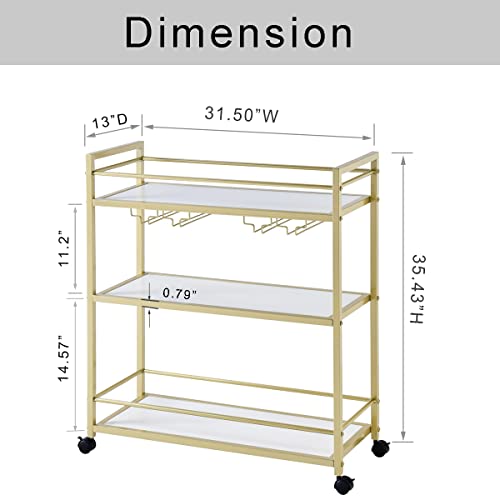 Golason Gold Bar Cart With 3 Shelves, Wine Glass Bottle Storage Bar Serving Cart With Wheels For Kitchen Living Room (31.5”W, White) #TOP3