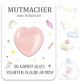 TUZELIYA Mutstein für Kinder Einschulung - Schulkind 2026 Mutmacher Geschenk für Mädchen - Naturstein Rosenquarz mit Karte & Organzabeutel - Glücksstein & Glücksbringer - Schultütenfüllung